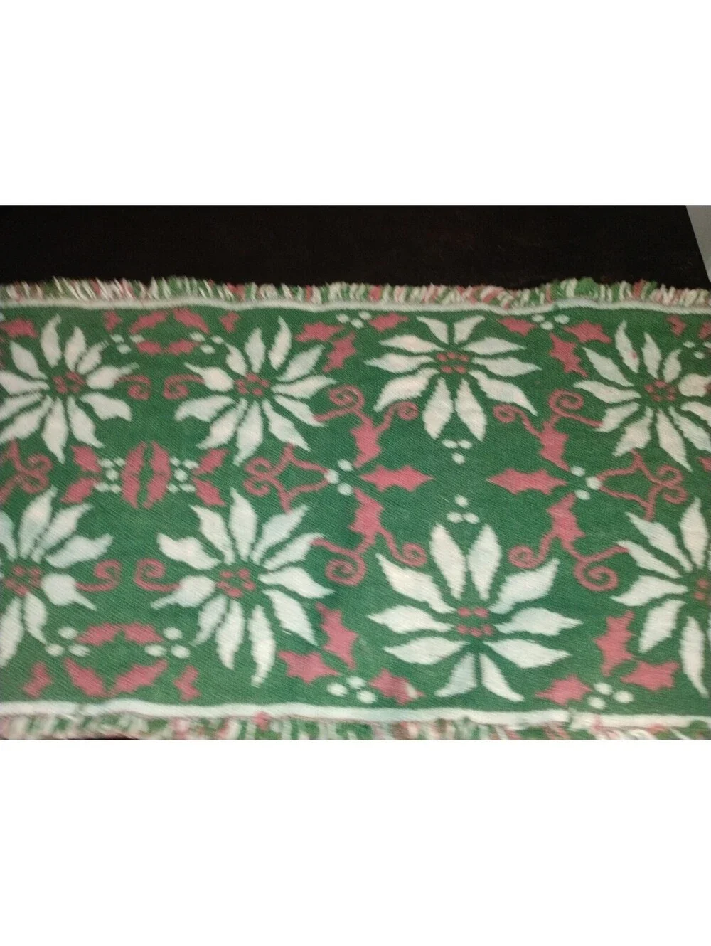 Vintage Christmas Poinsettia Reversible Woven Table Runner / Holiday Decor